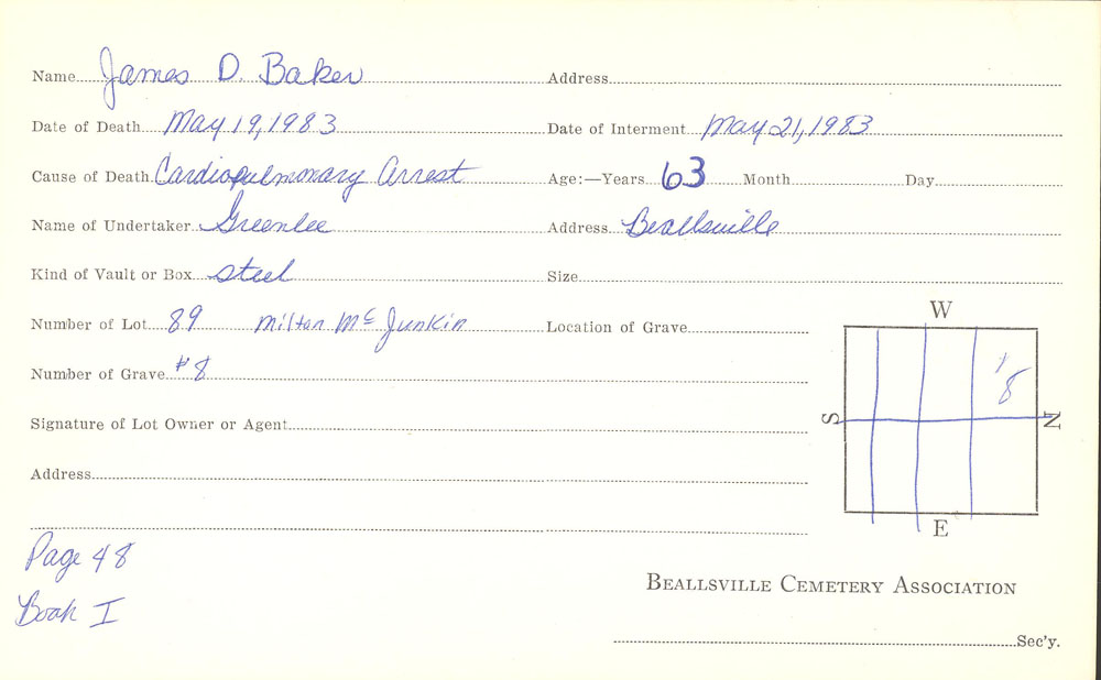 James Donald Baker burial card